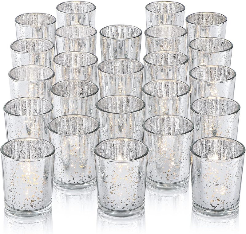 DARJEN 24Pcs Silver Votive Candle Holders for Table - Mercury Glass Votives Silver Candle Holder - Tealight Candle Holder for Wedding Centerpieces & Party Decorations - Image 1
