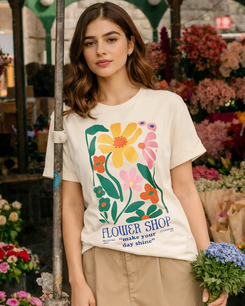 bewakoof Women's Beige Flower Shop Graphic Printed Boyfriend T-shirt