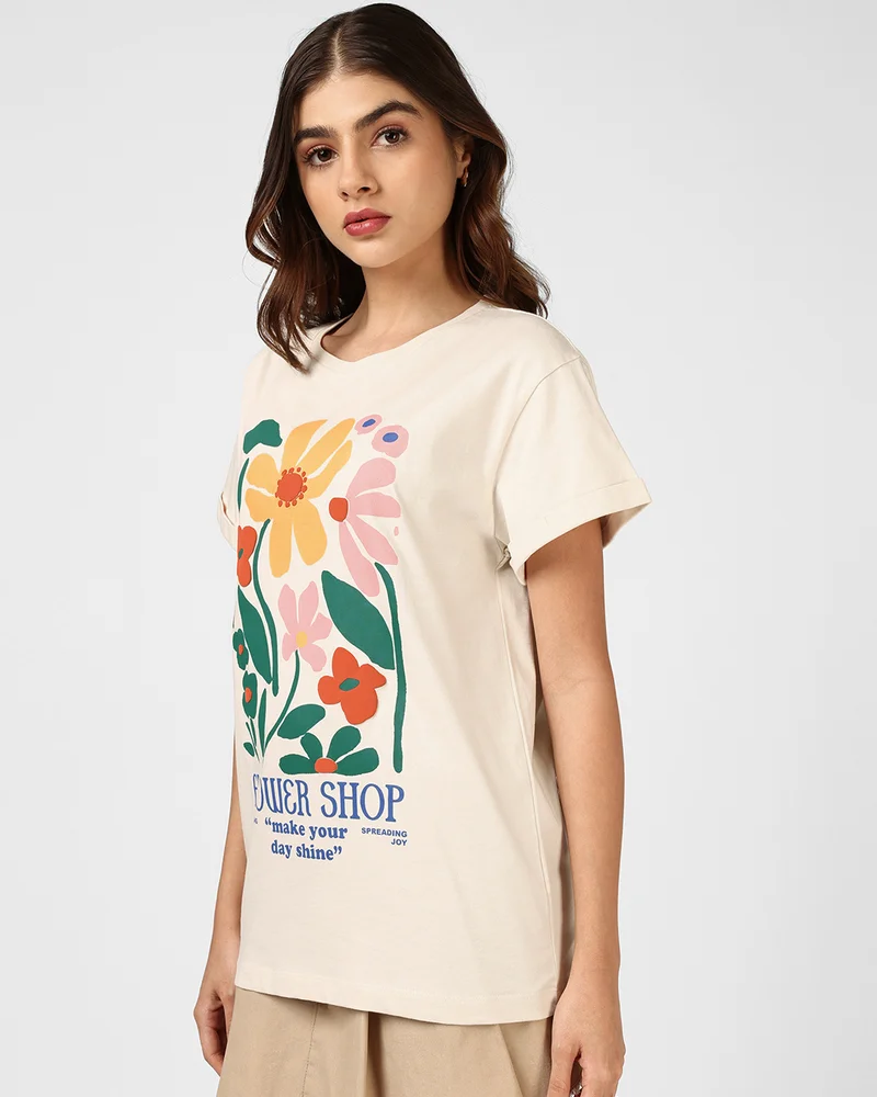 bewakoof Women's Beige Flower Shop Graphic Printed Boyfriend T-shirt