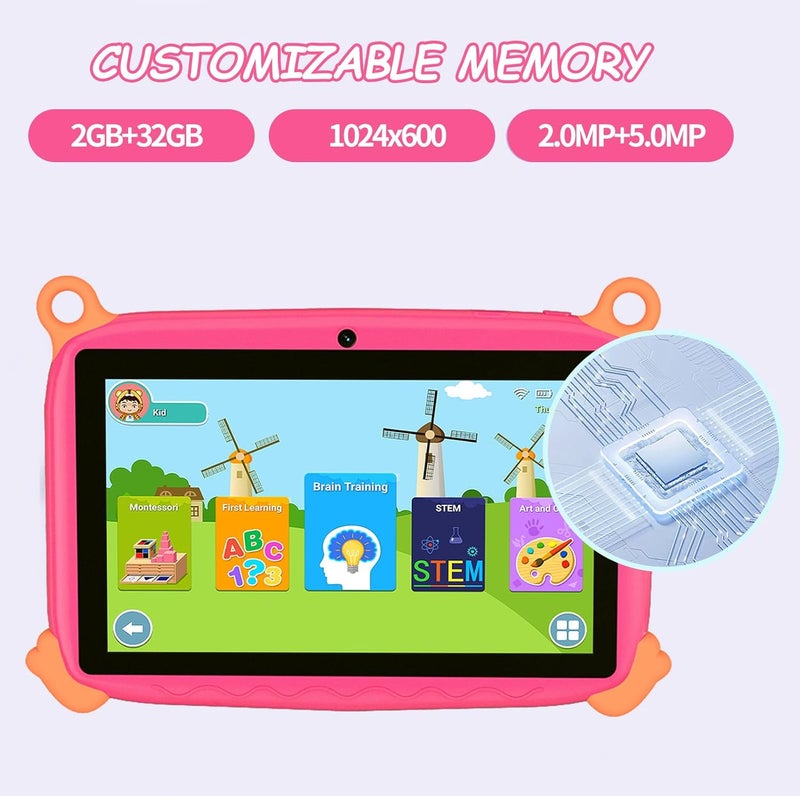 ZEKAROUL 7 inch Kids Tablet, Quad Core Android 12 2GB 32GB, Parental Control, Eye Protection, Shockproof Case, Dual Camera, WiFi, Bluetooth, Learning Tablet for Kids - Monkey (Pink) - Image 4