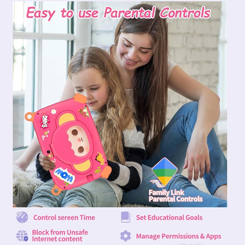 ZEKAROUL 7 inch Kids Tablet, Quad Core Android 12 2GB 32GB, Parental Control, Eye Protection, Shockproof Case, Dual Camera, WiFi, Bluetooth, Learning Tablet for Kids - Monkey (Pink) - Image 5