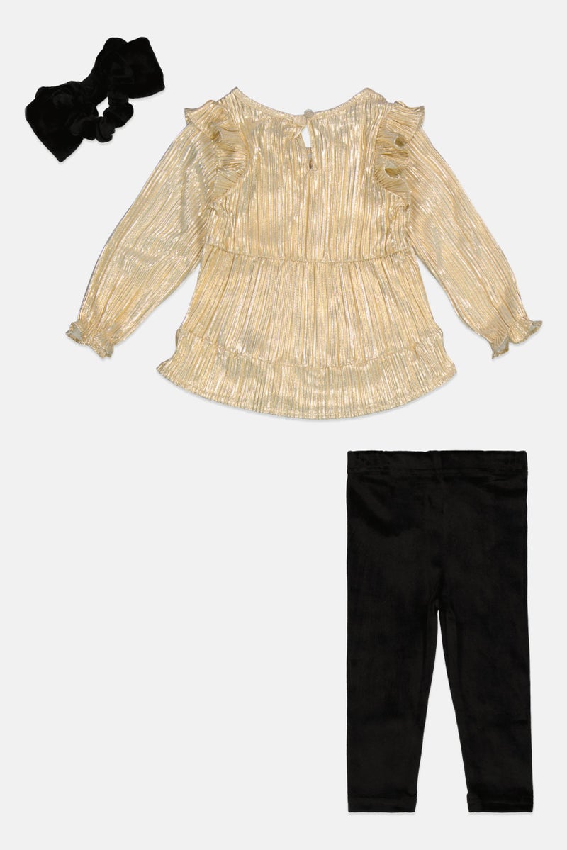Toddlers Girl 2 Pcs Metallic Top And Pants Set With Scrunchie, Multicolor