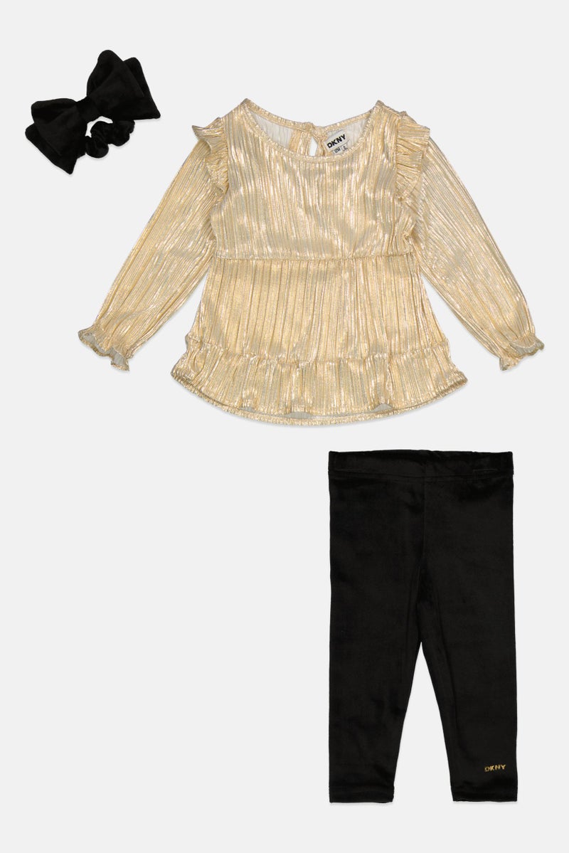 Toddlers Girl 2 Pcs Metallic Top And Pants Set With Scrunchie, Multicolor