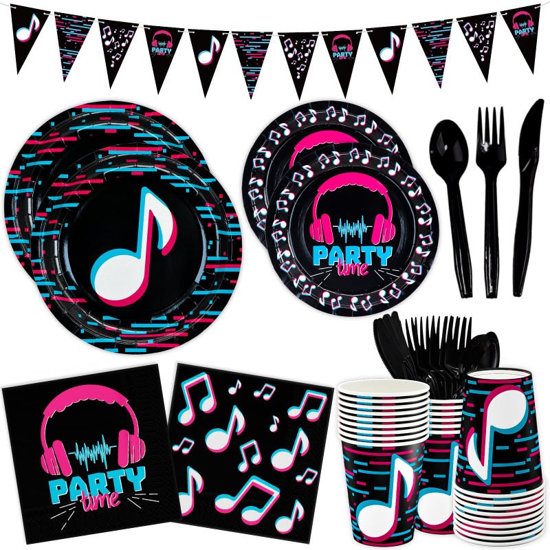 DYLIVeS 180 Pcs Music Party Supplies - Music Theme Birthday Party Decorations for Girls - Banner, Plates, Cups, Napkins, Cutlery (Serves 24) - Image 1