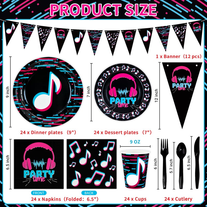 DYLIVeS 180 Pcs Music Party Supplies - Music Theme Birthday Party Decorations for Girls - Banner, Plates, Cups, Napkins, Cutlery (Serves 24) - Image 2