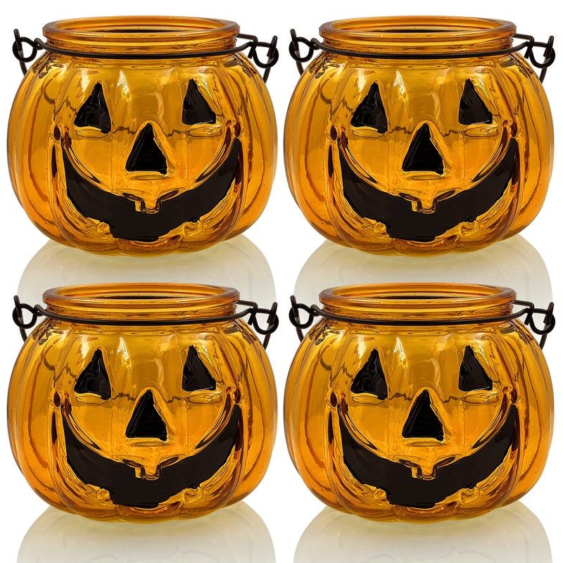 Halloween Candle Holders Set of 4 SHMILMH Tealight Votive Candle Holders with Grimace Metal Hanging Pumpkin Jack O Lanterns Decorative Halloween Table Centerpiece Orange