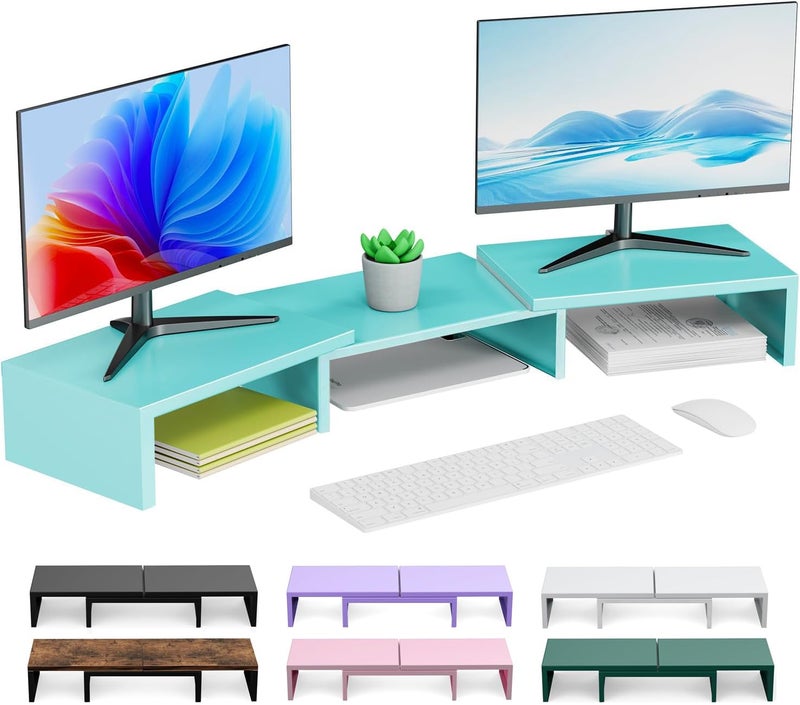 OUTIOE Dual Monitor Stand for Desk, Metal Computer Stand, Desk Shelf Riser,Desktop Organizer for Home and Office Use (Blue) - Image 1