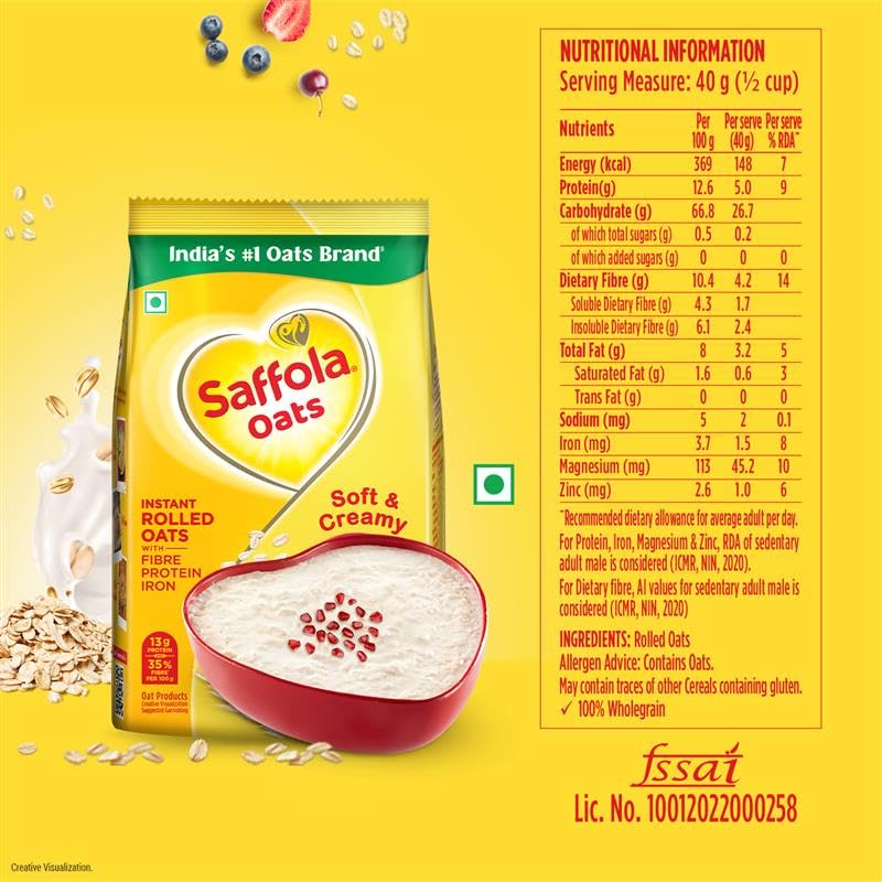 Saffola Oats 1kg Instant Rolled Soft & Creamy Power of Protein, Iron & Fibre Nutritious grain - Image 2