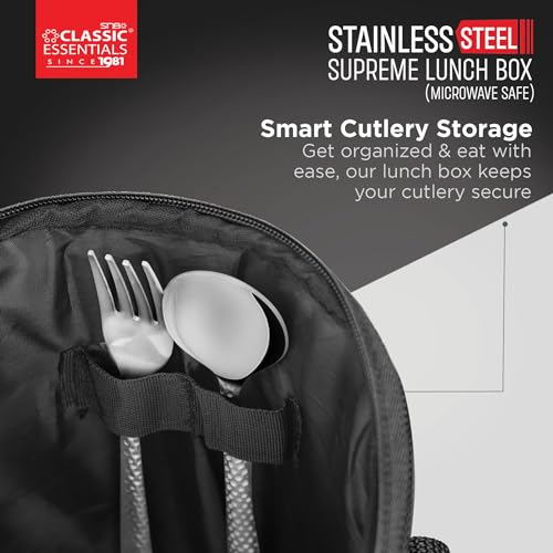 CLASSIC ESSENTIALS Supreme All in One Lunch Box with Insulated Bag | Microwave Safe Containers with Steel Inner | Leak Resistant (Without Bottle, Black, 3 Containers) - Image 2