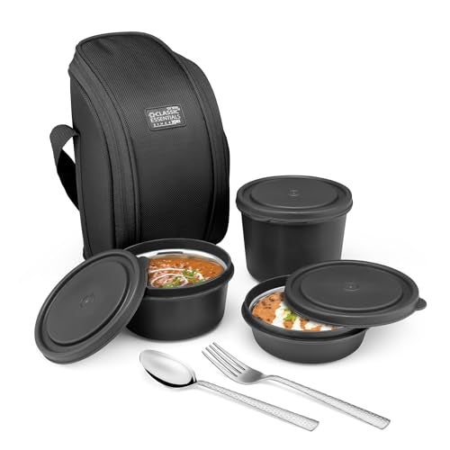CLASSIC ESSENTIALS Supreme All in One Lunch Box with Insulated Bag | Microwave Safe Containers with Steel Inner | Leak Resistant (Without Bottle, Black, 3 Containers) - Image 1