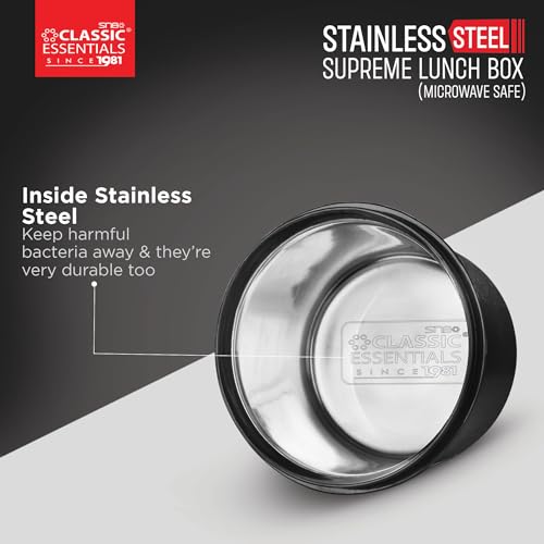 CLASSIC ESSENTIALS Supreme All in One Lunch Box with Insulated Bag | Microwave Safe Containers with Steel Inner | Leak Resistant (Without Bottle, Black, 3 Containers) - Image 4