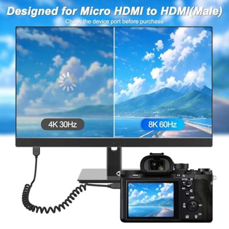 Digital cameras: 8K Micro HDMI to HDMI 2.1 coiled cable, black, 48Gbps bandwidth, supports 8K@60Hz/4K@120Hz and Dynamic HDR - Image 3