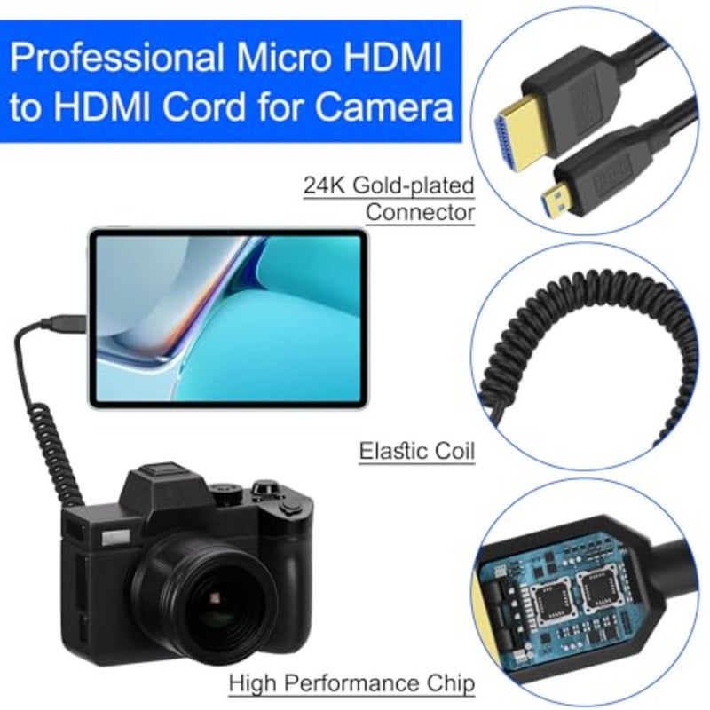 Digital cameras: 8K Micro HDMI to HDMI 2.1 coiled cable, black, 48Gbps bandwidth, supports 8K@60Hz/4K@120Hz and Dynamic HDR - Image 4