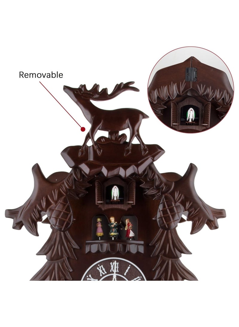 منزل منظم ساعة كوكو خشبية كبيرة الحجم مصنوعة يدويًا على شكل غزال كبير مع 4 راقصين يرقصون مع الموسيقى - Image 5