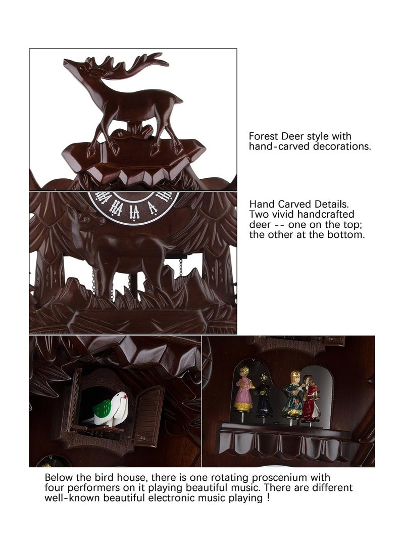 منزل منظم ساعة كوكو خشبية كبيرة الحجم مصنوعة يدويًا على شكل غزال كبير مع 4 راقصين يرقصون مع الموسيقى - Image 3