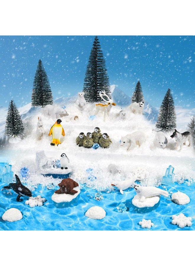 Warmtree 46 Pcs Arctic Animals Figurines Set Includes 22 Polar Bear Penguin Animals Figurines 6 Mini Pine Trees 18 Artificial Lceberg Fake Snow Ripple Water Sticker Ocean Habitat Diorama Supplies - Image 1