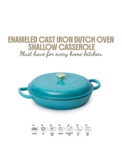 VAV Healthy and Safe, Non-Stick Cookware, Enameled Cast Iron Dutch Oven Shallow Casserole Braiser Pan, 30.5x6.3cm / 12x2.5Inch – Blue Green  - Image 1