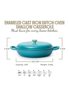 VAV Healthy and Safe, Non-Stick Cookware, Enameled Cast Iron Dutch Oven Shallow Casserole Braiser Pan, 30.5x6.3cm / 12x2.5Inch – Blue Green  - Image 2