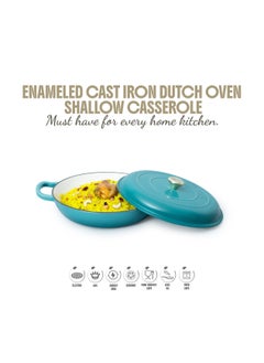VAV Healthy and Safe, Non-Stick Cookware, Enameled Cast Iron Dutch Oven Shallow Casserole Braiser Pan, 30.5x6.3cm / 12x2.5Inch – Blue Green  - Image 4