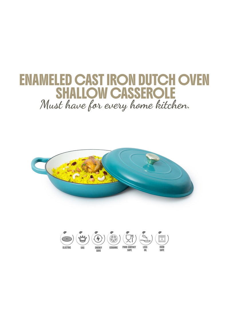 VAV Healthy and Safe, Non-Stick Cookware, Enameled Cast Iron Dutch Oven Shallow Casserole Braiser Pan, 30.5x6.3cm / 12x2.5Inch – Blue Green  - Image 4