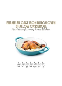 VAV Healthy and Safe, Non-Stick Cookware, Enameled Cast Iron Dutch Oven Shallow Casserole Braiser Pan, 30.5x6.3cm / 12x2.5Inch – Blue Green  - Image 3