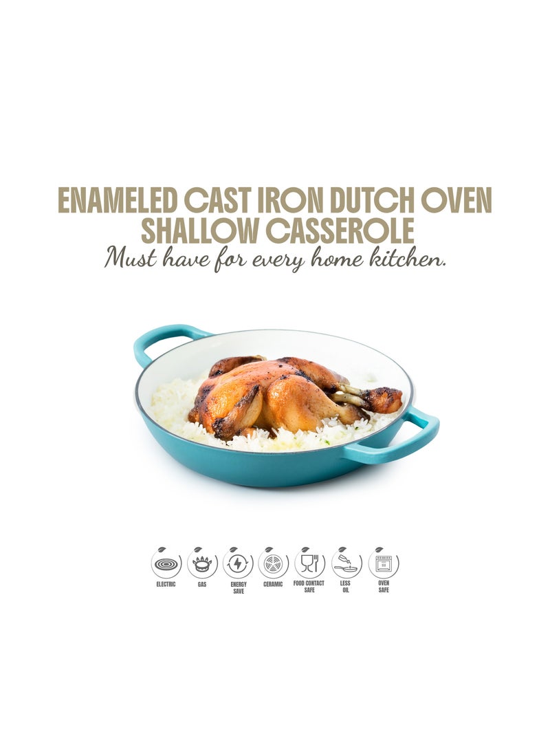 VAV Healthy and Safe, Non-Stick Cookware, Enameled Cast Iron Dutch Oven Shallow Casserole Braiser Pan, 30.5x6.3cm / 12x2.5Inch – Blue Green  - Image 3