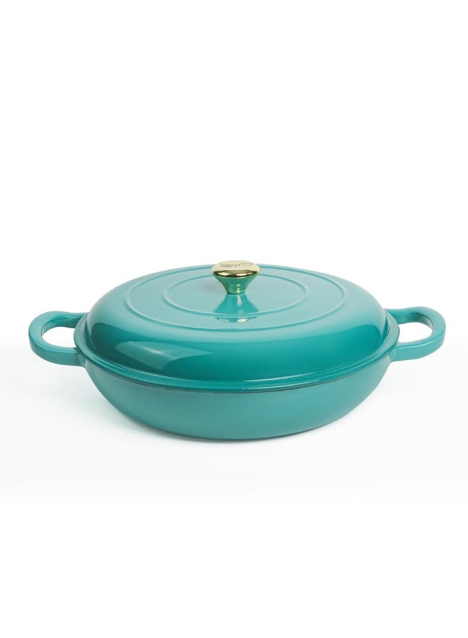 VAV Healthy and Safe, Non-Stick Cookware, Enameled Cast Iron Dutch Oven Shallow Casserole Braiser Pan, 30.5x6.3cm / 12x2.5Inch – Blue Green - Image 1