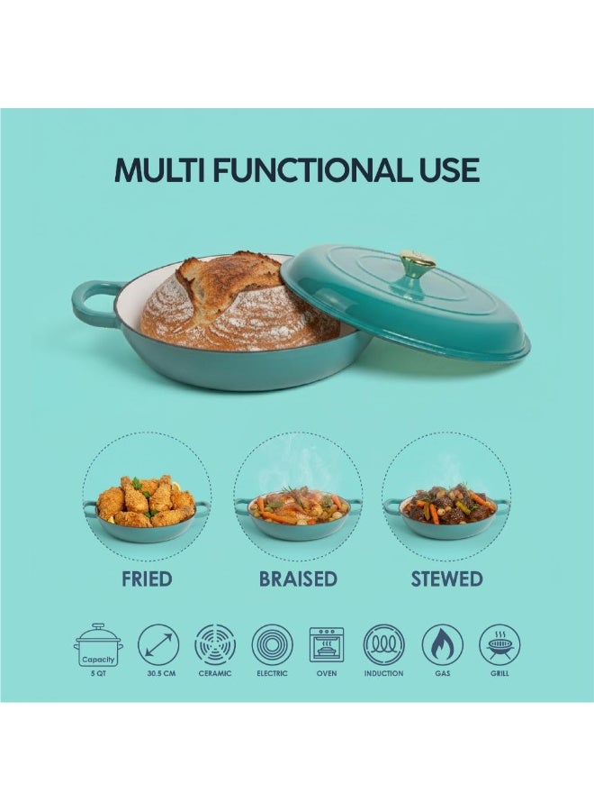 VAV Healthy and Safe, Non-Stick Cookware, Enameled Cast Iron Dutch Oven Shallow Casserole Braiser Pan, 30.5x6.3cm / 12x2.5Inch – Blue Green - Image 5