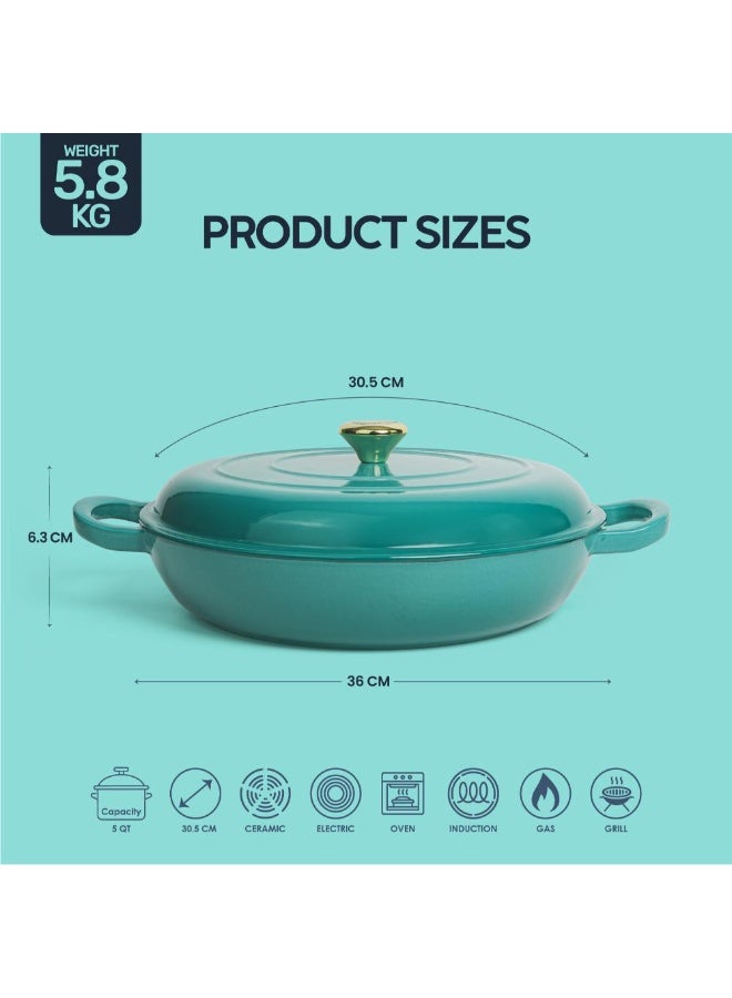 VAV Healthy and Safe, Non-Stick Cookware, Enameled Cast Iron Dutch Oven Shallow Casserole Braiser Pan, 30.5x6.3cm / 12x2.5Inch – Blue Green - Image 2