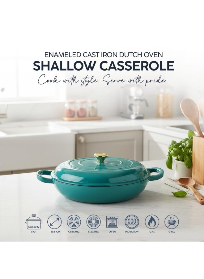 VAV Healthy and Safe, Non-Stick Cookware, Enameled Cast Iron Dutch Oven Shallow Casserole Braiser Pan, 30.5x6.3cm / 12x2.5Inch – Blue Green - Image 3