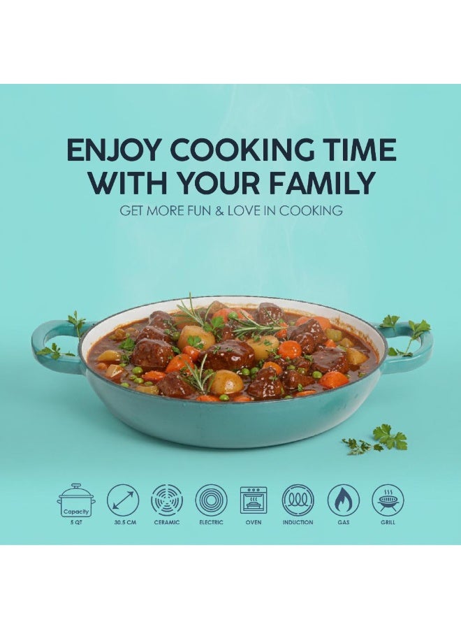 VAV Healthy and Safe, Non-Stick Cookware, Enameled Cast Iron Dutch Oven Shallow Casserole Braiser Pan, 30.5x6.3cm / 12x2.5Inch – Blue Green - Image 4