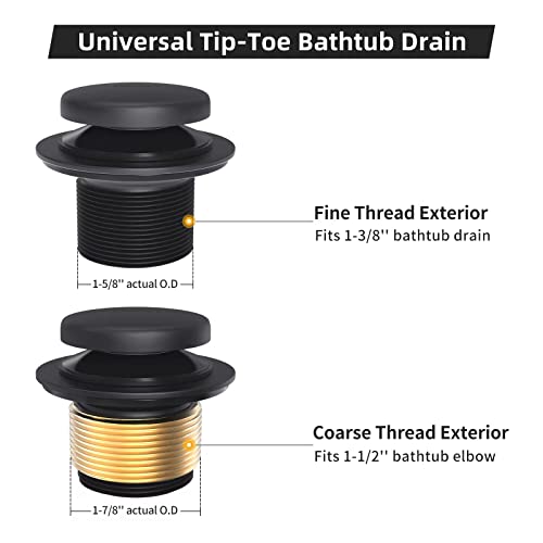 Citymoor Matte Black Bath Tub Drain and Overflow Kit, Universal All Metal Tip-Toe Bathtub Drain Replacement Kit with Fine/Coarse Thread - Image 4