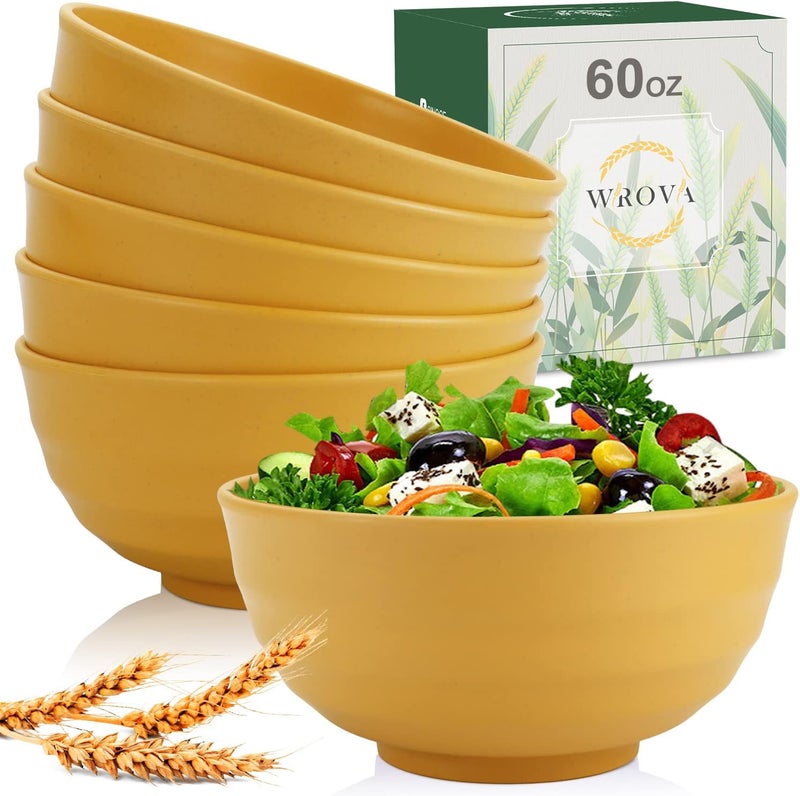 Wrova Wheat Straw Bowls Set 60 OZ Unbreakable Large Cereal Bowls Set of 6 Microwave and Dishwasher Safe Bowls Big Bowls for Apartment and Dorm BPA Free Soup Bowl for Serving Oatmeal and Salad Yellow - Image 1