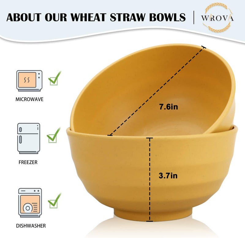 Wrova Wheat Straw Bowls Set 60 OZ Unbreakable Large Cereal Bowls Set of 6 Microwave and Dishwasher Safe Bowls Big Bowls for Apartment and Dorm BPA Free Soup Bowl for Serving Oatmeal and Salad Yellow - Image 2