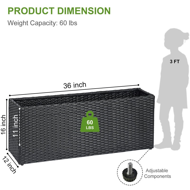 LEWIS&WAYNE Large Rectangular Block Planter Box Handmade Wicker Tall Planters for Outdoor Plants with Removable Liners Modern Planter for Indoor Outdoor Patio Deck - Black, 36''x12''x16'' - Image 3