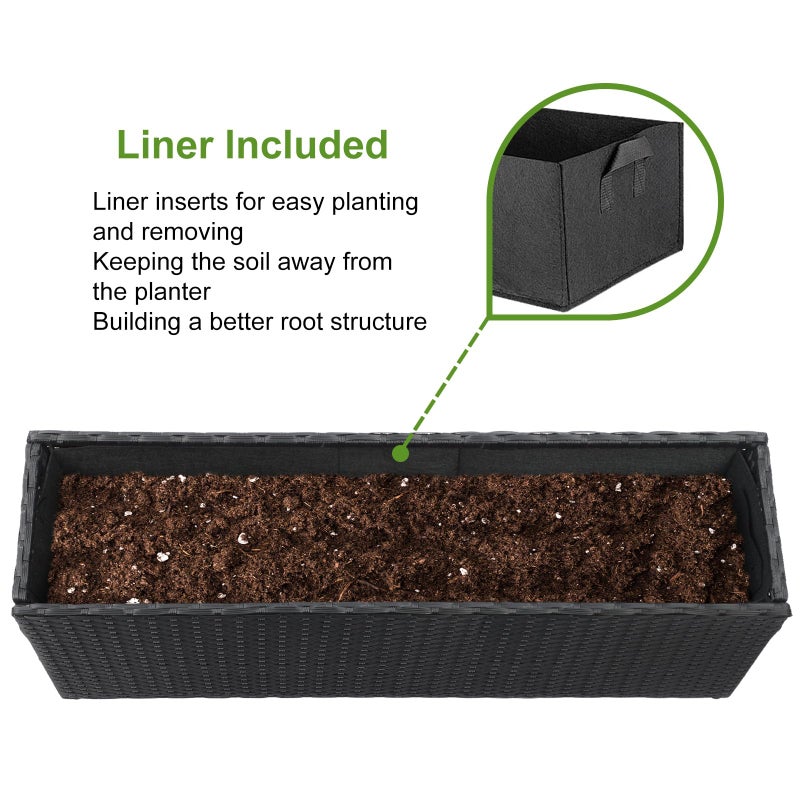 LEWIS&WAYNE Large Rectangular Block Planter Box Handmade Wicker Tall Planters for Outdoor Plants with Removable Liners Modern Planter for Indoor Outdoor Patio Deck - Black, 36''x12''x16'' - Image 4