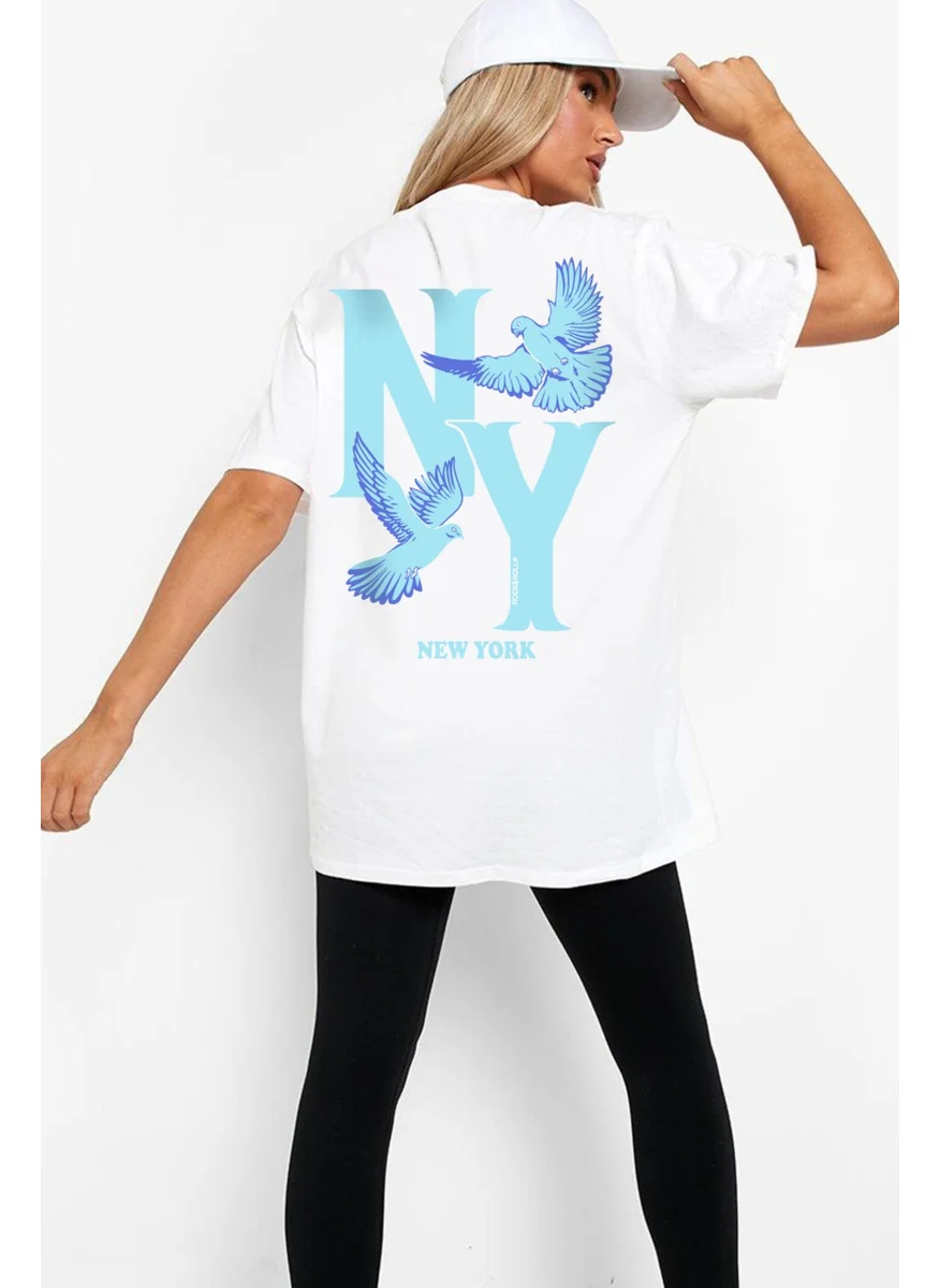 روك اند رول Ny Pigeons White Oversize Back Printed Short Sleeve Women's T-Shirt