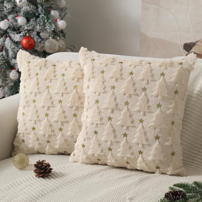 CHRISTMAS PILLOW COVERS 18 X 18 INCH SET OF 2 BEIGE CHRISTMAS TREE PILLOW COVERS DECORATIONS PLUSH FAUX FUR SOFT CUSHION CASE FOR WINTER XMAS HOLIDAY HOME BEDROOM SOFA DECORS PT004C18