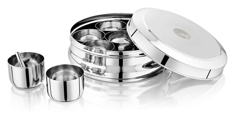 Ammantran Stainless Steel Belly Shape Jenny Masala Dabba with 7 Inner Steel Containers with 1 Masala Dabba Spice Storage Box For Kitchen Set 1 Pcs 1400 ML - Image 1