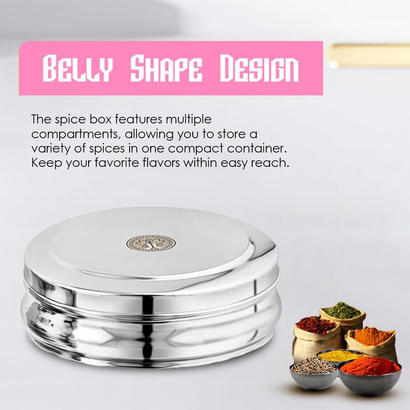 Ammantran Stainless Steel Belly Shape Jenny Masala Dabba with 7 Inner Steel Containers with 1 Masala Dabba Spice Storage Box For Kitchen Set 1 Pcs 1400 ML - Image 3