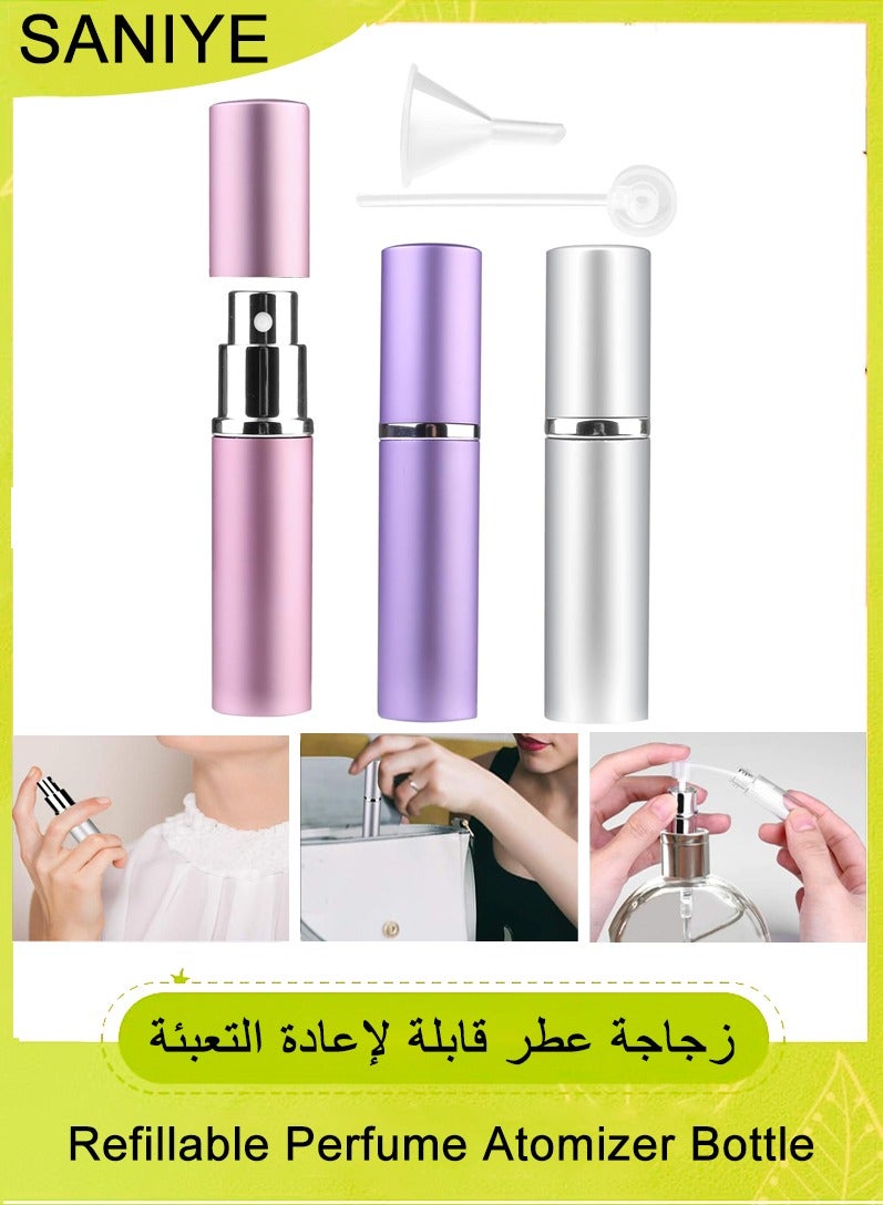ساني زجاجات عطر سفر قابلة لإعادة التعبئة، 3 قطع سعة 6 مل، زجاجات رذاذ صغيرة محمولة لعطور ما بعد الحلاقة، زجاجات سفر فارغة مع قمع (وردي، فضي، بنفسجي) - Image 1