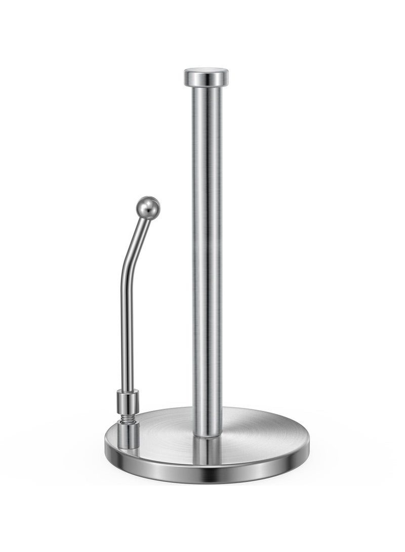 Paper Towel Holder for One Hand Tear, Paper Towel Dispenser Standing Weighted Base Non Slip, Spring Arm Fit Most Size Paper Roll, Stainless Steel Paper Towel for Kitchen Countertop(Silver)  - Image 1
