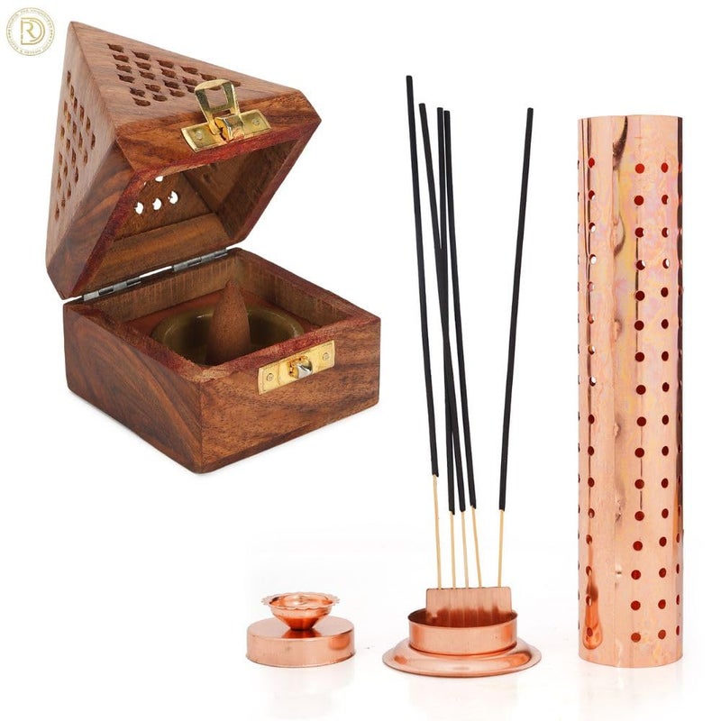 DigiRake Sheesham Wood Dhoop Stand Stainless Steel Agarbatti Stand Combo Pooja Items for Decoration Return Gifts for Pija Copper Colour Agarbatti Stand Dhoop Stand