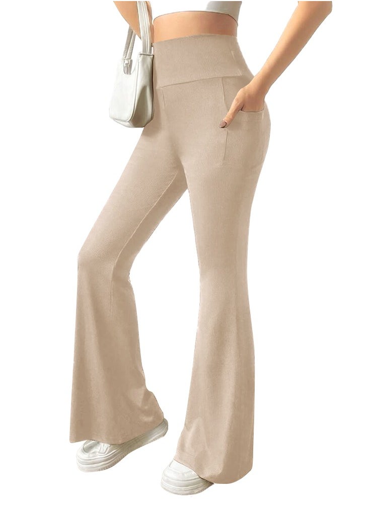 Nileton Ribbed Knit Wide Leg Pants - High Waist Flare Leggings With Pocket - Rib Knit Yoga Pants  - Image 1