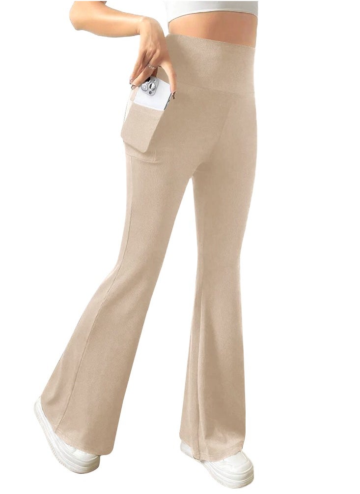 Nileton Ribbed Knit Wide Leg Pants - High Waist Flare Leggings With Pocket - Rib Knit Yoga Pants  - Image 3