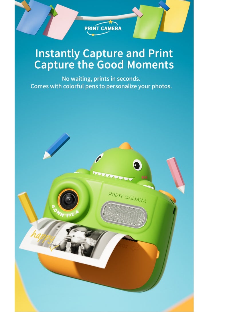 GULFLINK K64 Cute Cartoon Design HD 48 Million Pixels Video Recording 1080P Instant Print Camera Kids Toy for Children - Green - Image 3