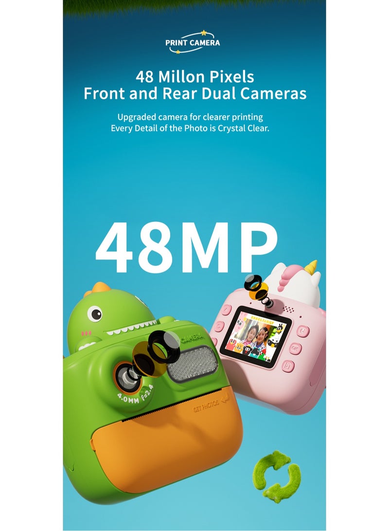 GULFLINK K64 Cute Cartoon Design HD 48 Million Pixels Video Recording 1080P Instant Print Camera Kids Toy for Children - Green - Image 4