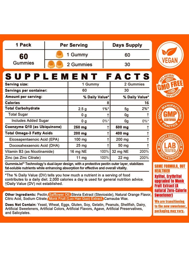 NEVISS Sugar-Free CoQ10-250mg / 500mg Filled Gummies - Plus Omega-3, EPA + DHA, B3 & Zinc - Ultra Co Q-10 Supplements for Hear-t Health, Cellular Energy, Antioxidant Support, Up to 60 Day Supply, Vegan 60Cts - Image 2