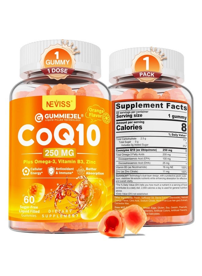 NEVISS Sugar-Free CoQ10-250mg / 500mg Filled Gummies - Plus Omega-3, EPA + DHA, B3 & Zinc - Ultra Co Q-10 Supplements for Hear-t Health, Cellular Energy, Antioxidant Support, Up to 60 Day Supply, Vegan 60Cts - Image 1