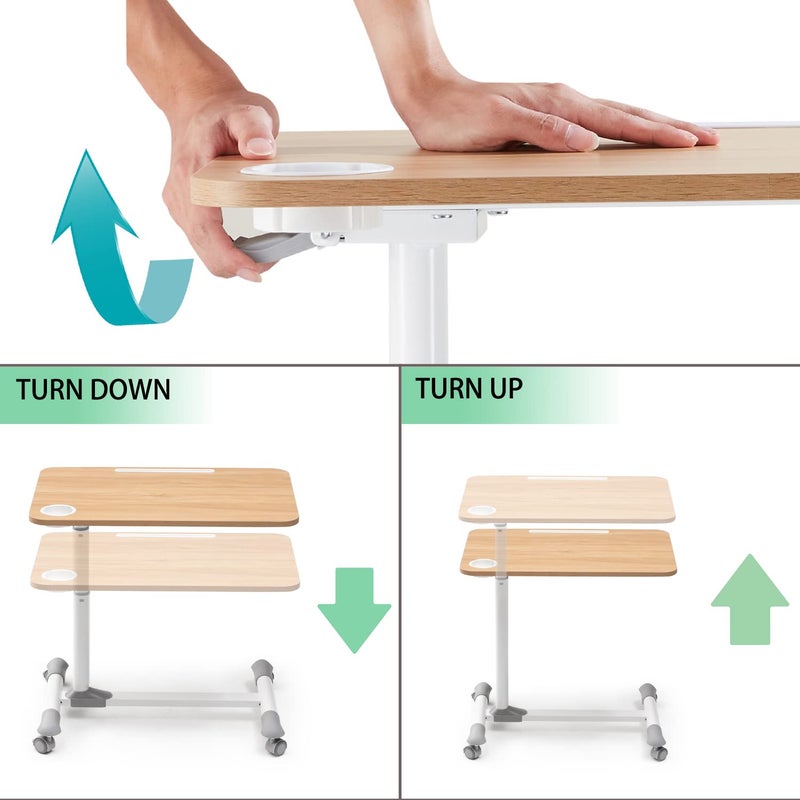 ETHU Overbed Table with Hydraulic Lift, 27.1-34.2 Inch Height Adjustable Bed Table with Lockable Casters - Wood Grain Tabletop with Cup Holder & Charging Slot, 22lbs Capacity Rolling Bedside Desk - Image 3